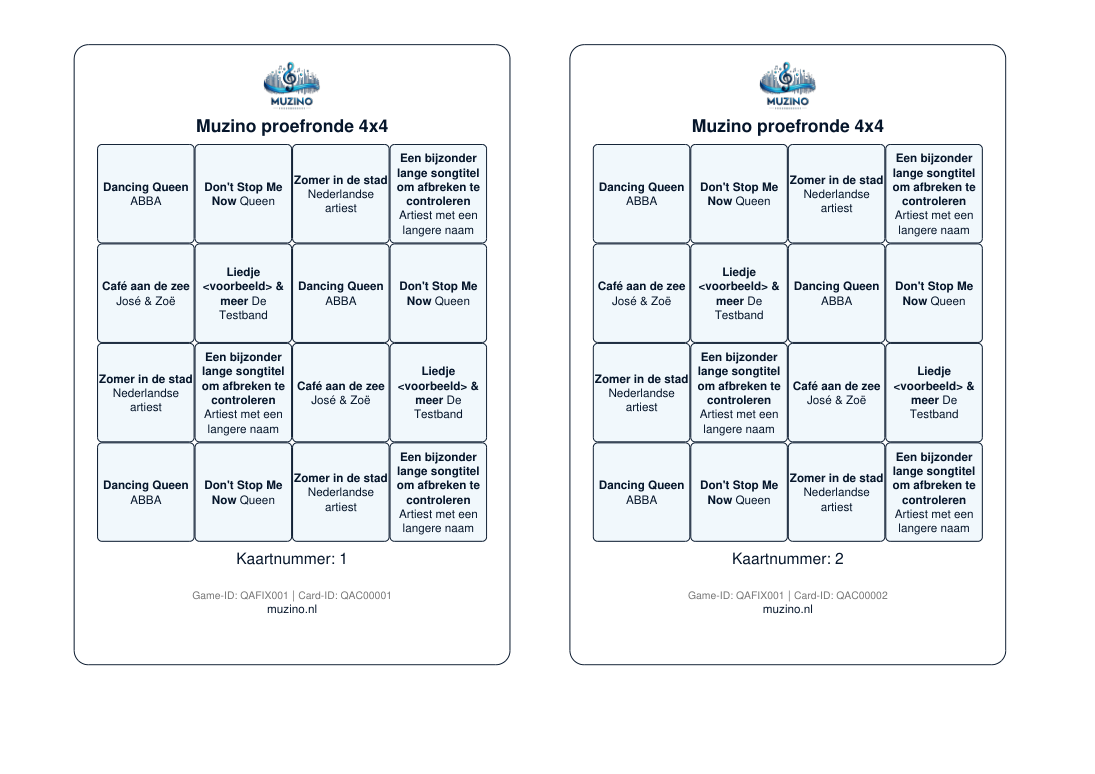 Voorbeeld van Muzino-printkaarten uit de echte PDF-uitvoer
