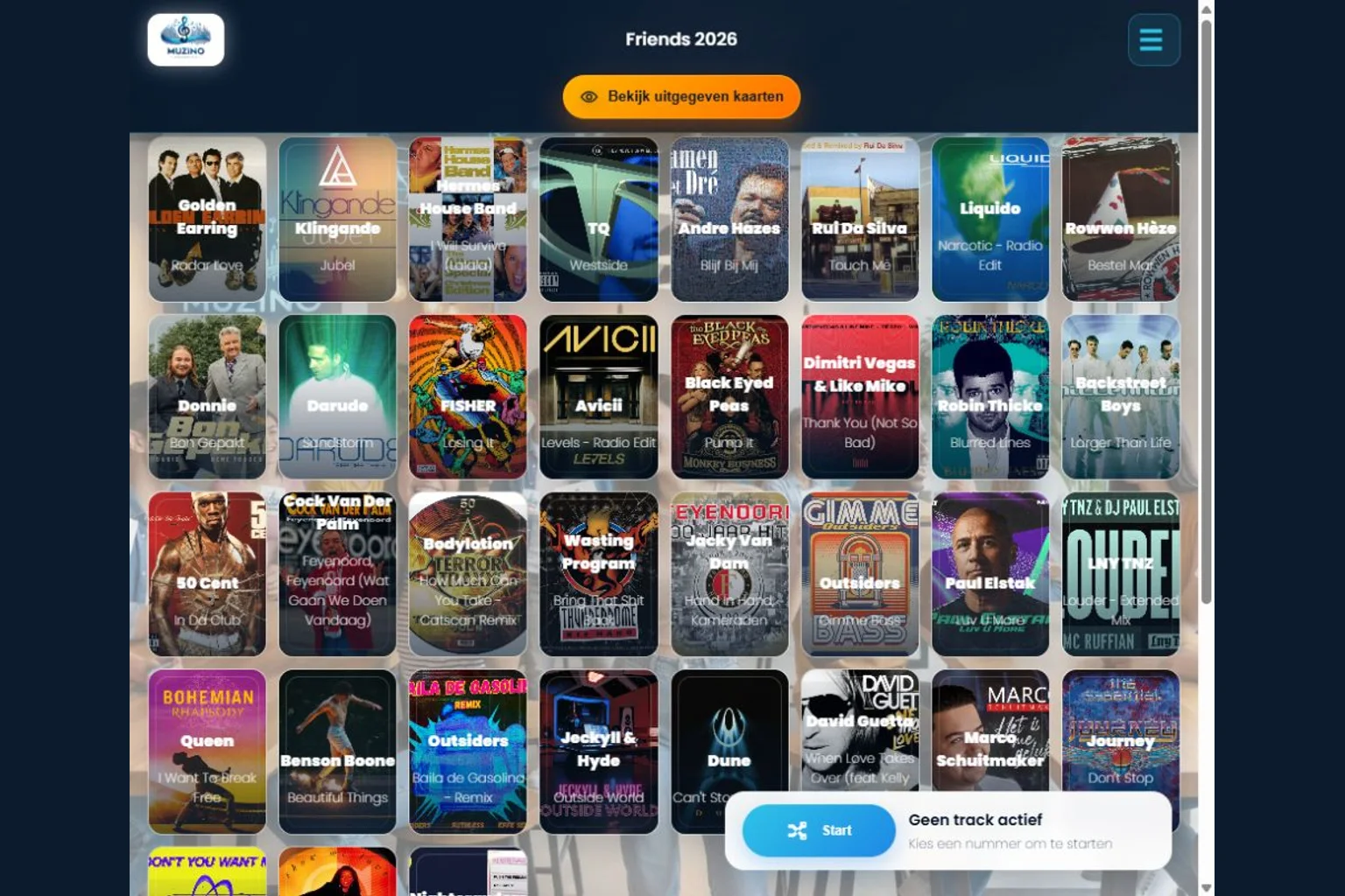 Echt Muzino-spelleiderscherm met muziektegels uit een Spotify-playlist