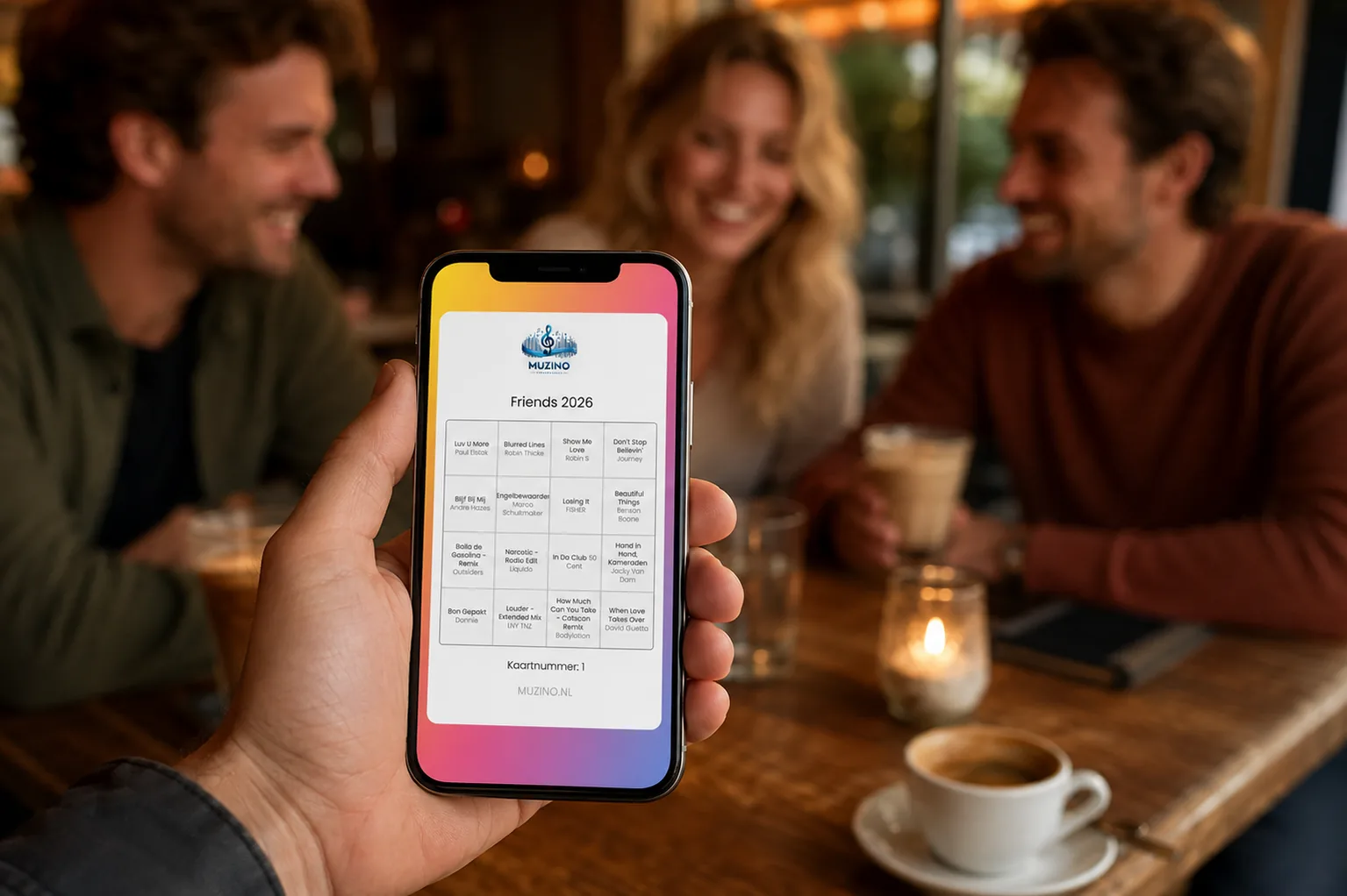 Sfeerbeeld van gasten die in een horecaomgeving muziekbingo spelen