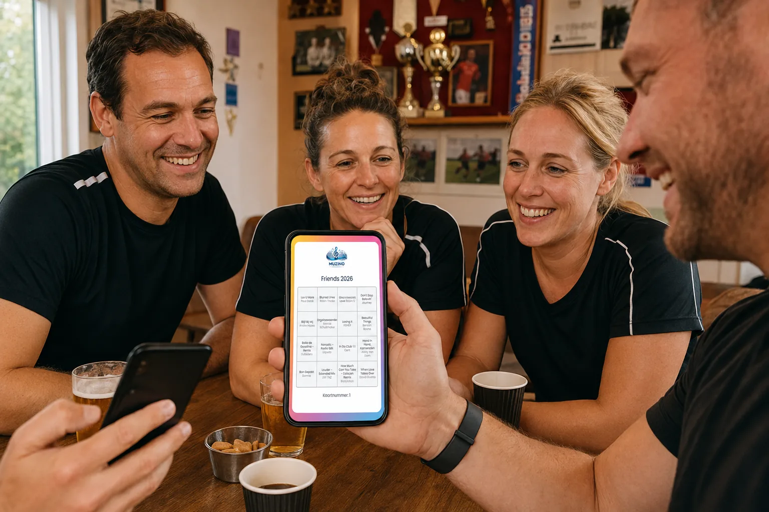 Sfeerbeeld van een sportclub die muziekbingo speelt in de kantine