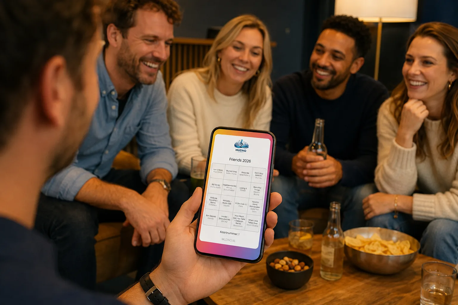 Sfeerbeeld van collega's die samen muziekbingo spelen
