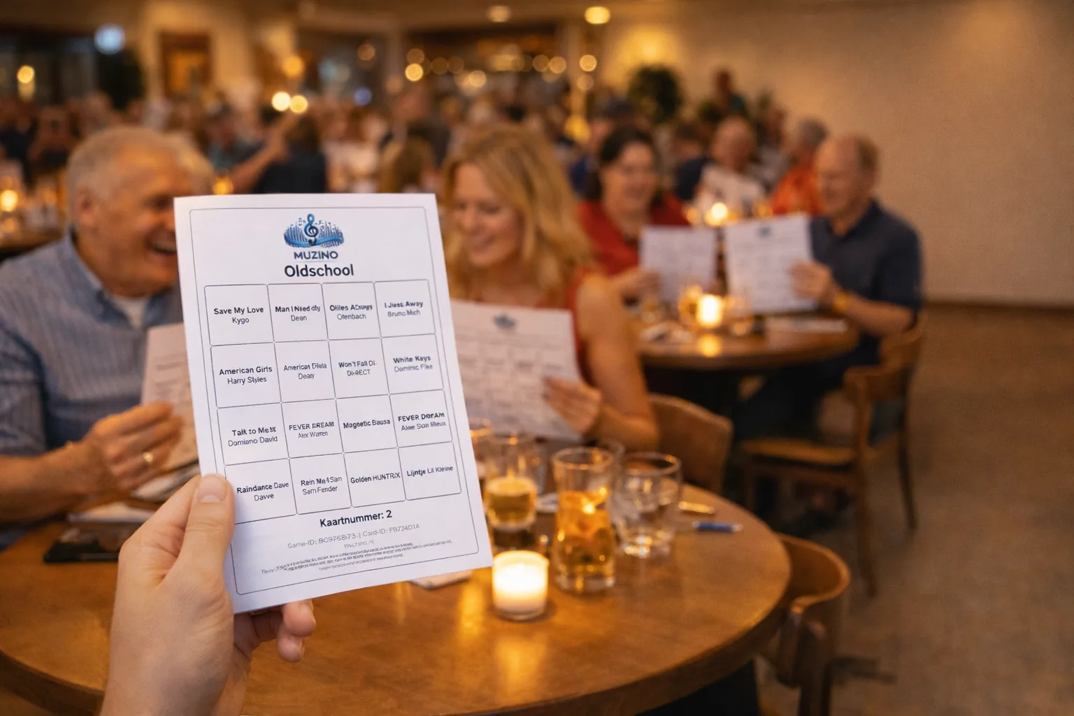 Printbare muziekbingo kaarten op tafel tijdens een spelronde